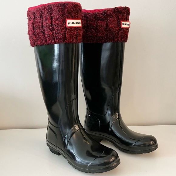 Hunter Shoes - Hunter Black Rain Boots with Red Fleece Socks Inserts-Women Size 8